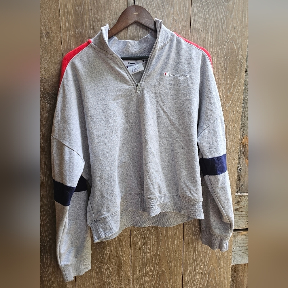Champion Nwot Gray Zip-Up Sweater with Red Blue Accents